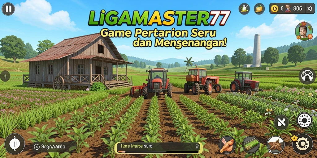 Tampilan permainan LIGAMASTER77 yang menampilkan aktivitas bertani.