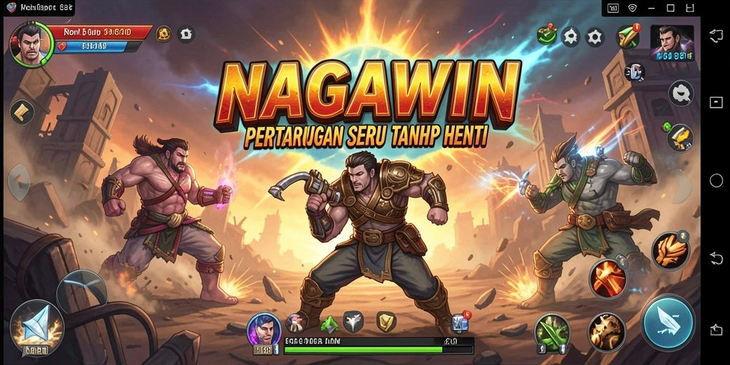Screenshot gameplay NAGAWIN dengan pertarungan intens di arena yang mengesankan.