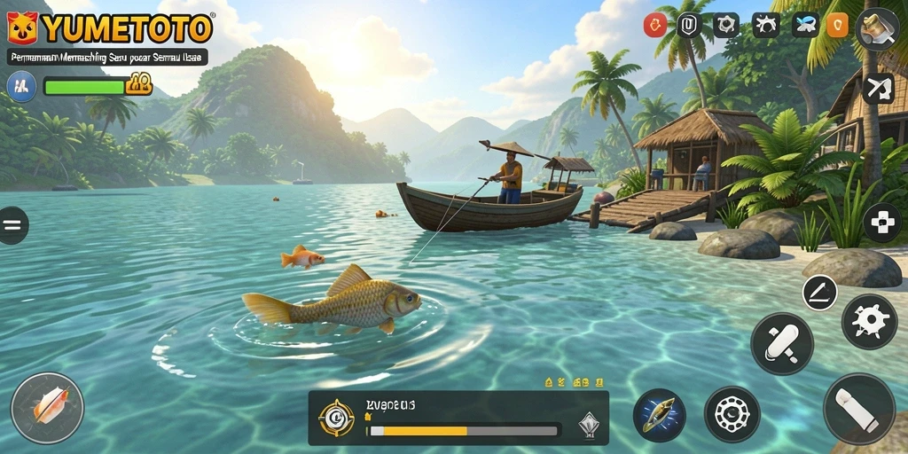 Screenshot gameplay YUMETOTO yang menampilkan sensasi memancing.